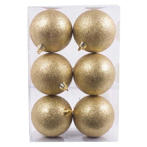 Xmas Baubles - Pack of 6 x 80mm Gold Glitter Shatterproof